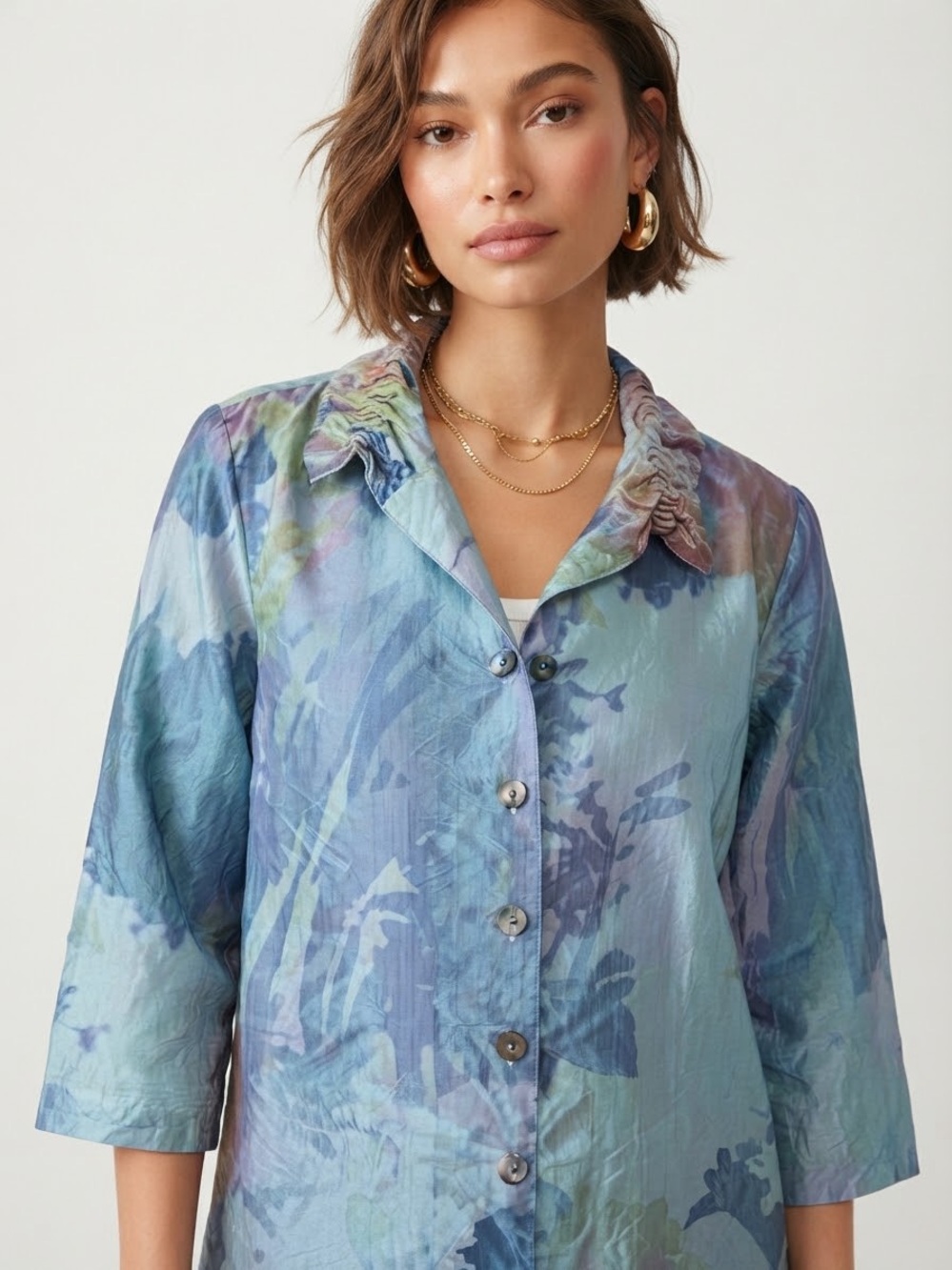 Caroline Rose Art to Wear Blue Abstract Floral Crinkle Blouse Size L Top